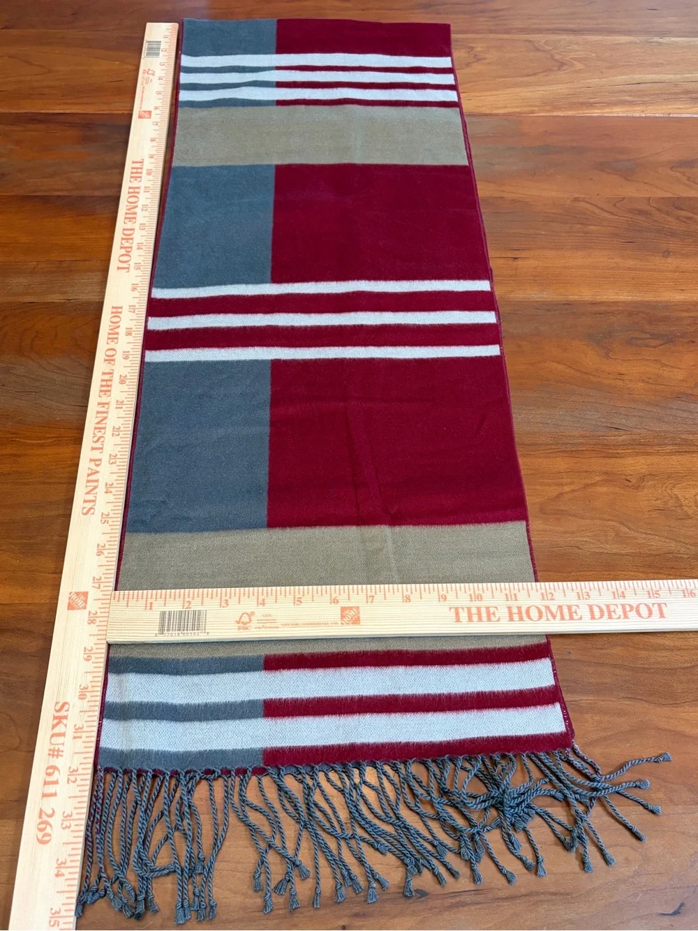 Silk Cozy Striped Fringe Throw Scarf in Red, Gray, and Tan